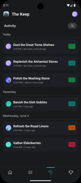 ChoreKeep activity feed recording completed roommate chores in dark mode