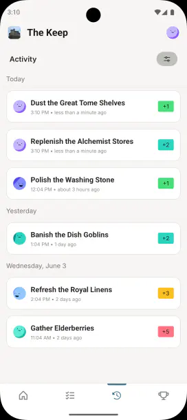 ChoreKeep activity feed recording completed roommate chores
