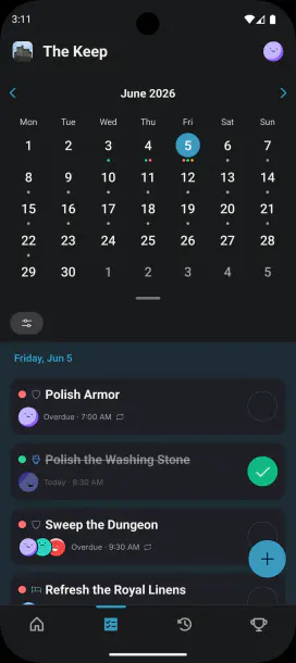 ChoreKeep calendar showing a couple's household chores across the week in dark mode