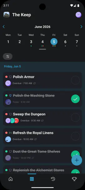 ChoreKeep chore feed showing overdue, due today, and completed roommate chores in dark mode