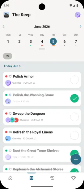 ChoreKeep chore feed showing overdue, due today, and completed roommate chores