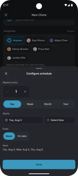 ChoreKeep repeat schedule editor set to repeat every day, with the household members a chore can rotate through behind it in dark mode