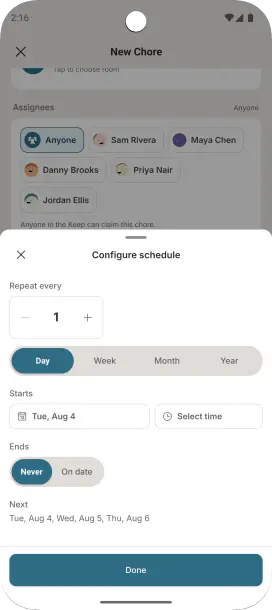ChoreKeep repeat schedule editor set to repeat every day, with the household members a chore can rotate through behind it